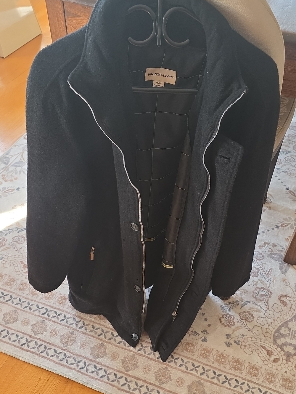 Pronto Uomo Black Men's Wool-Blend Pea Coat with Zipper Trim